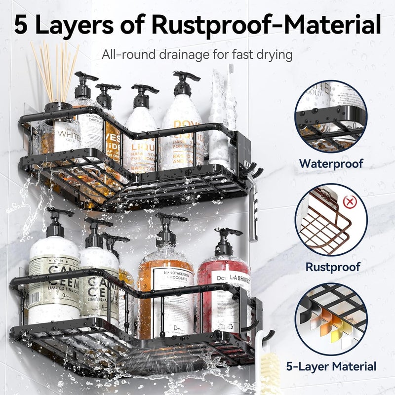 YASONIC Shower Caddy Corner, 3-Pack Adhesive Rustproof Stainless Steel Shower Shelves with Soap Holder, No Drilling Shower Organizer Corner for Dorm, Renters Bathroom, Black - Image 3